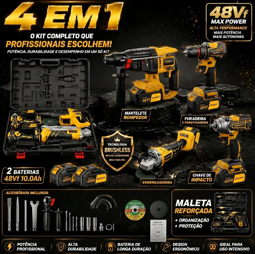Kit SOARFLY 4 em 1 com quatro ferramentas, baterias, acessórios e maleta